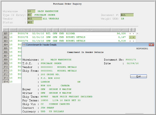 Purchase Order Inquiry 
screen with drill down to vendor details