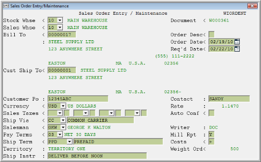 Sales Order Header Screen